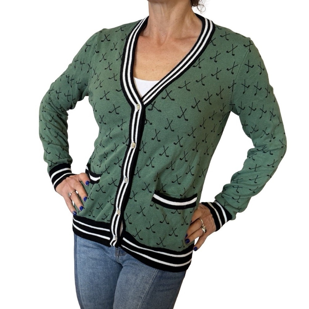 Minnie Rose Tennis Club Print Cardigan Sweater  Golf Green Cotton Cashmere S - Picture 9 of 15